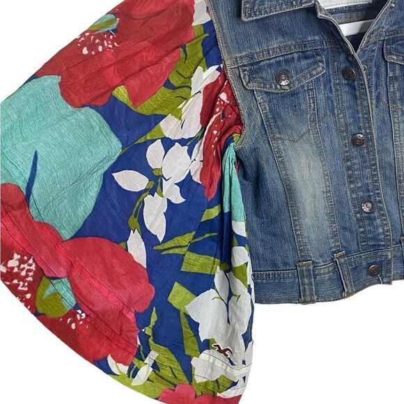 Snazzies Artwear Debbi Davis Mixed Media Floral Flare Sleeves Denim Jacket Sz 7 - Picture 2 of 5